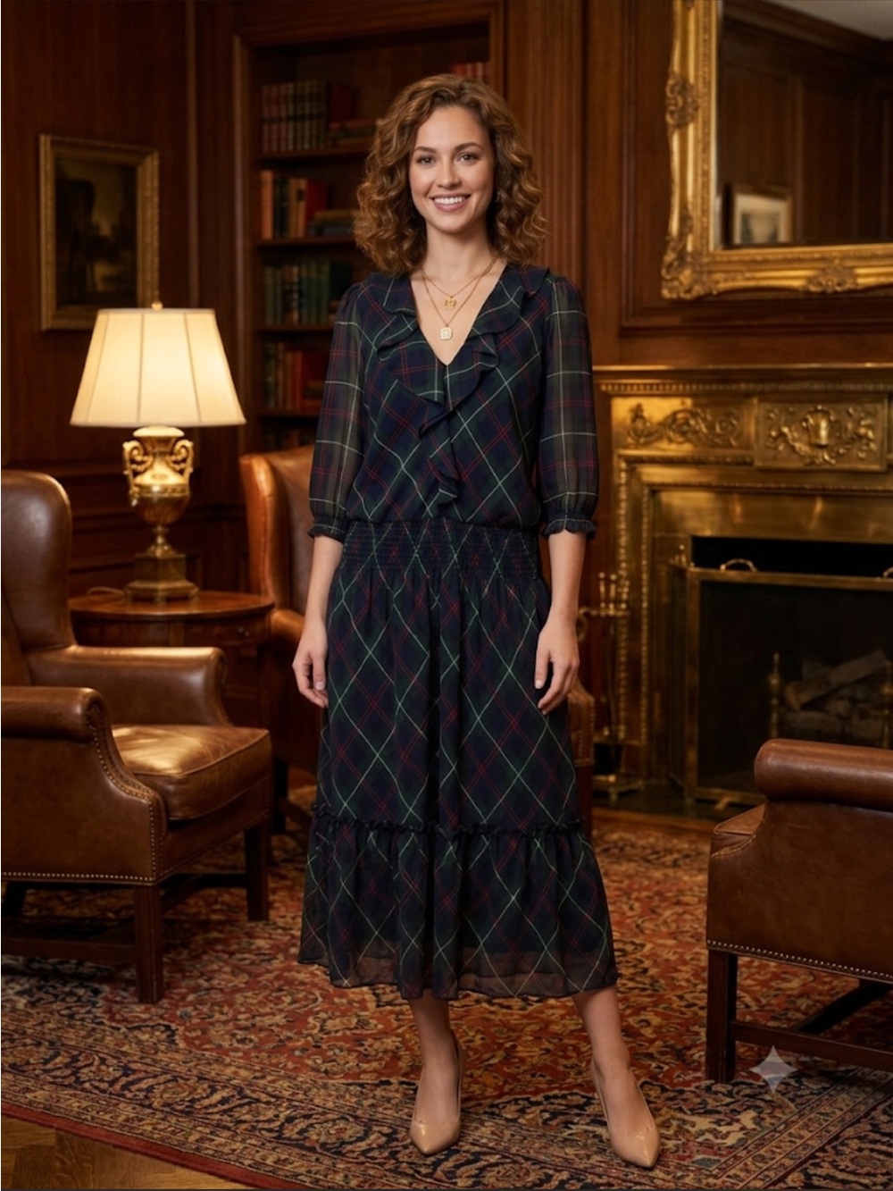 Lauren Ralph Lauren Navy Green Plaid Ruffle Dress size 12P